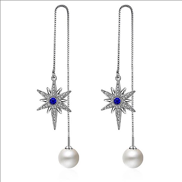 STERLING SILVER SWAROVSKI CRYSTAL STAR PEARL THREADER EARRINGS - Picture 2 of 4